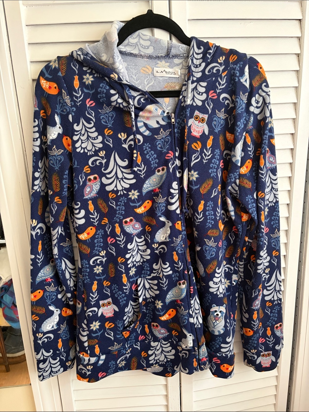 Navy Owl & Forest Print Zip-Up Hoodie Sweatshirt